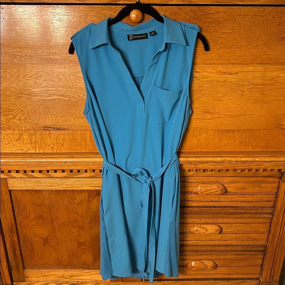 New‎ York & Company Blue Sleeveless Shirt Dress Belted